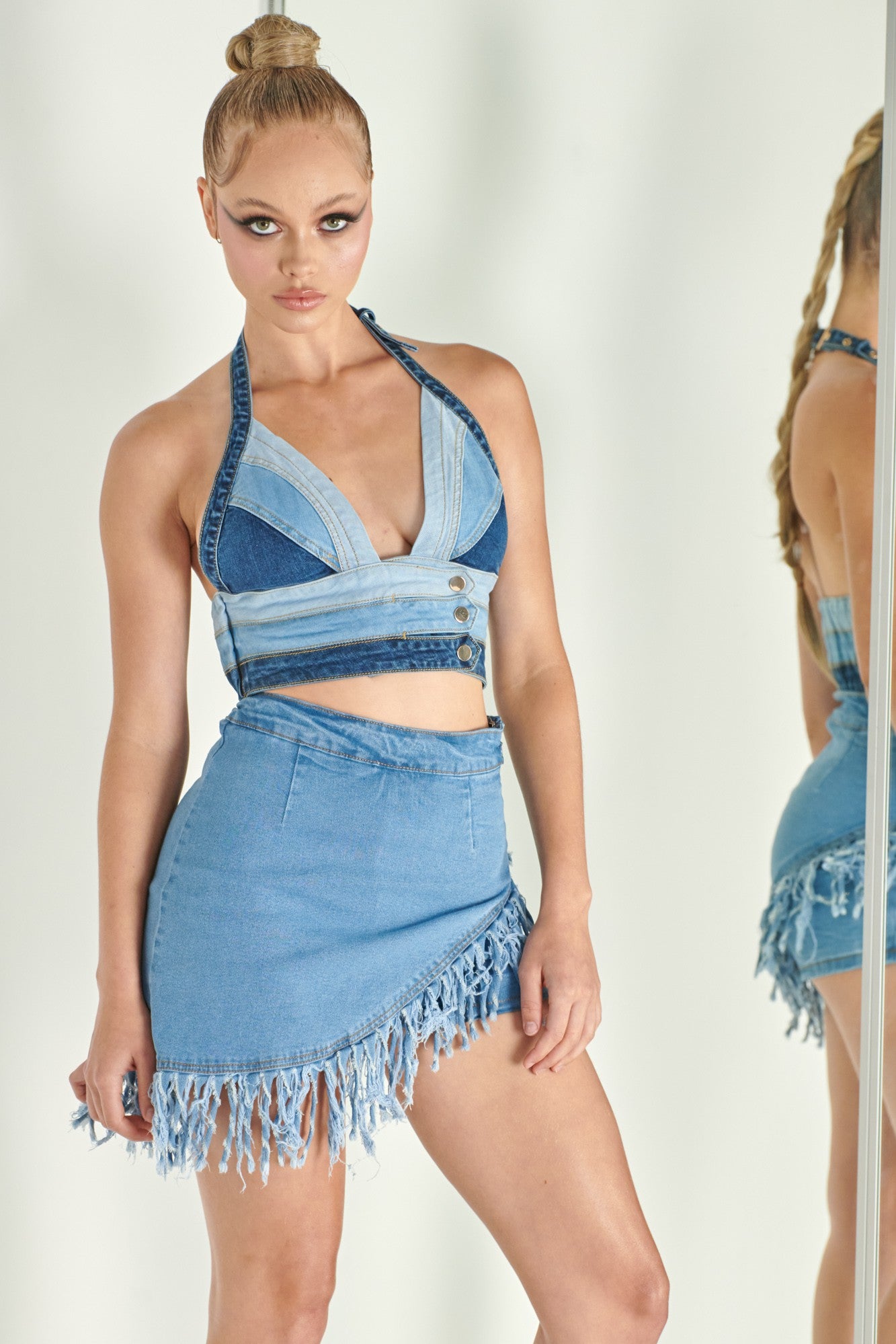 Color Block Denim Halter Top