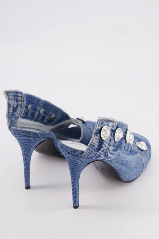 Peep Toe Denim Mules