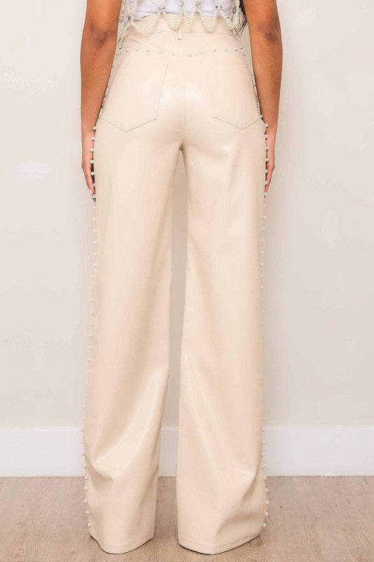 Vegan Leather Pants with Pearl Trim