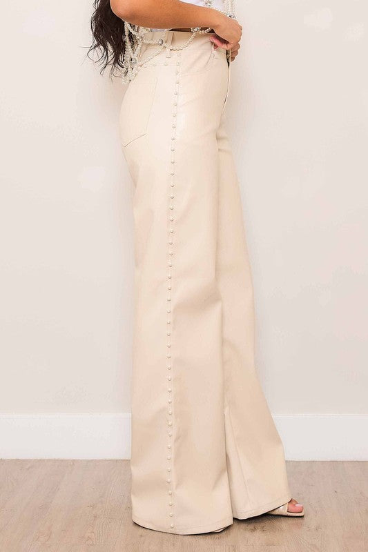 Vegan Leather Pants with Pearl Trim