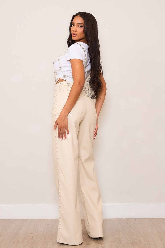 Vegan Leather Pants with Pearl Trim
