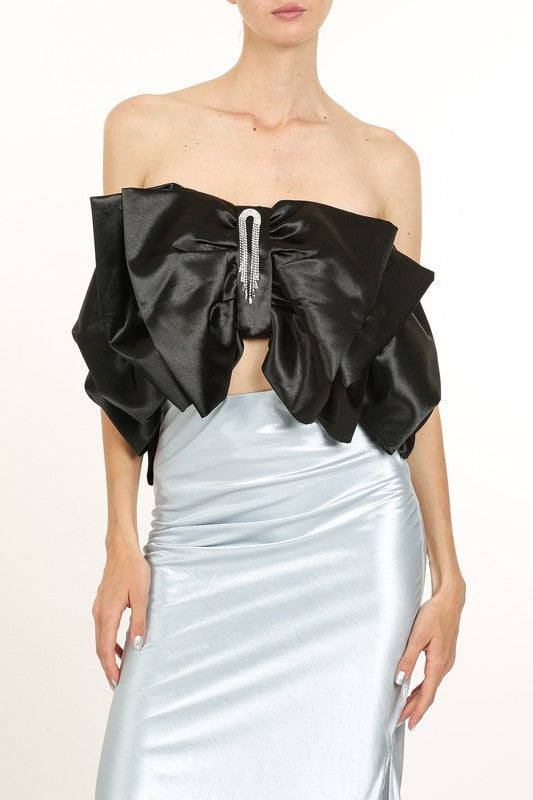 Rhinestone Pendant Satin Ruffle Strapless Top