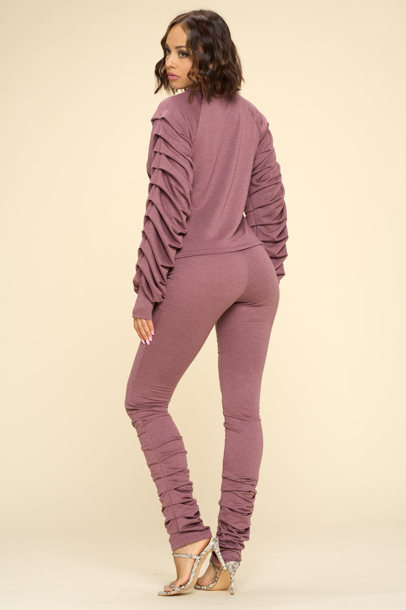 Ruched Sleeve Two Piece Stretch Pants Set