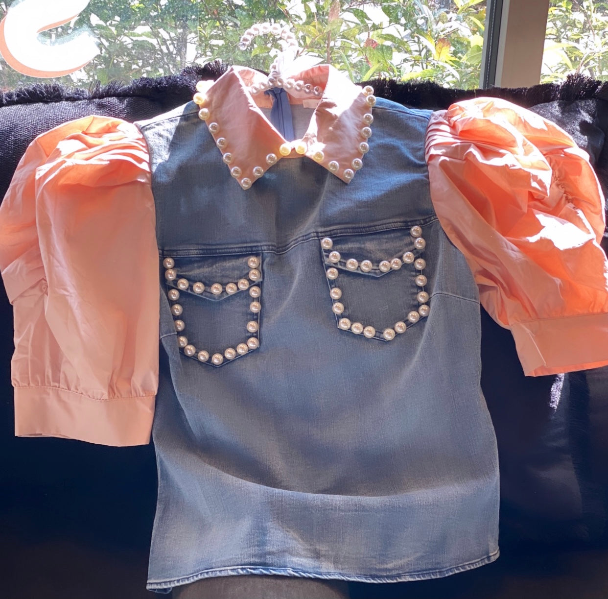 Denim Pearl Puff Sleeve Top