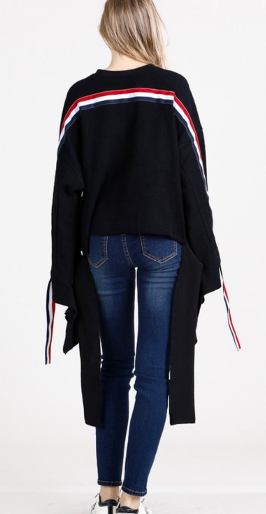 Tie Hem Stripe Sleeve Sweatshirt