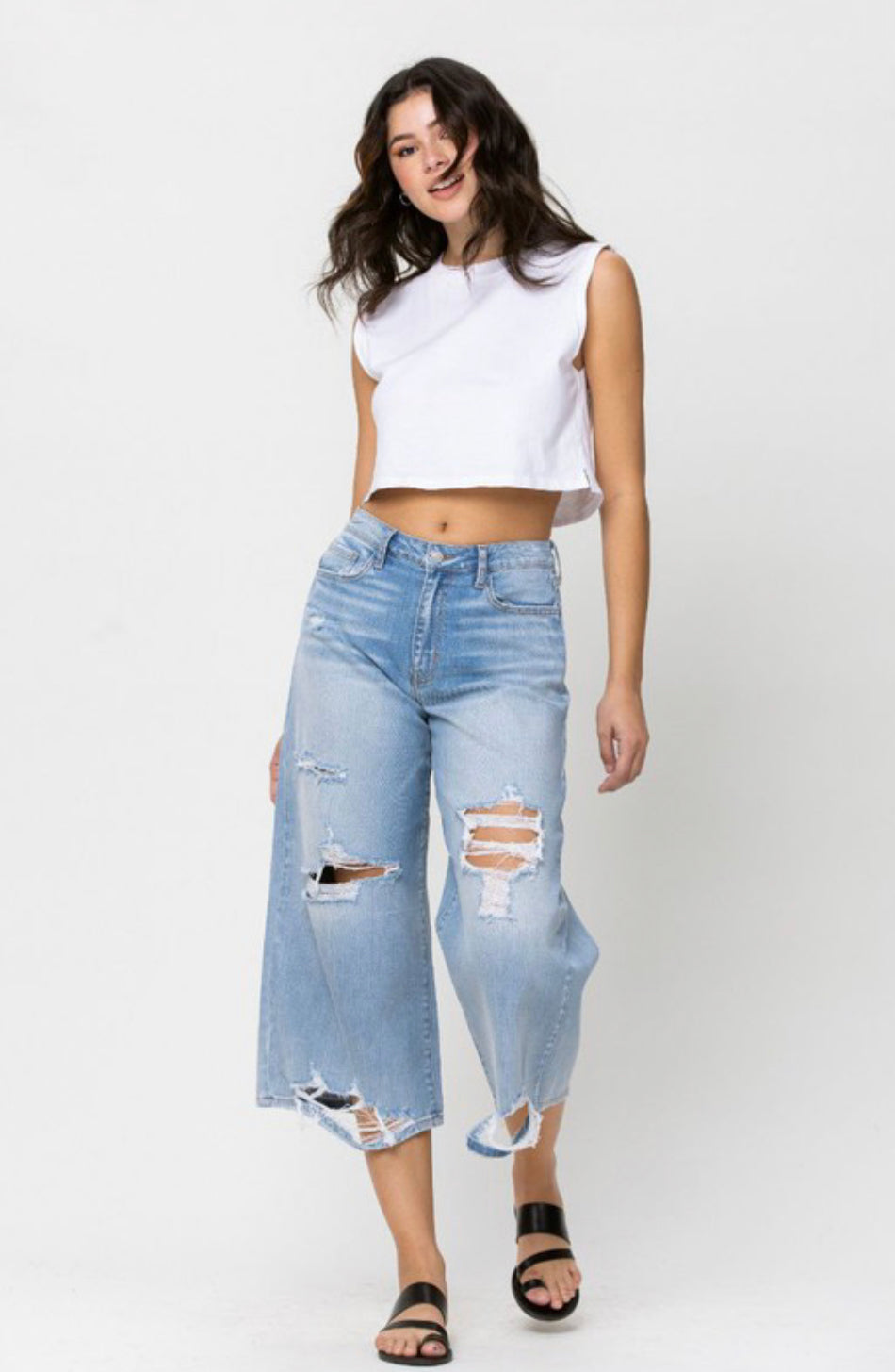 Wide Leg Distressed Cropped Denim