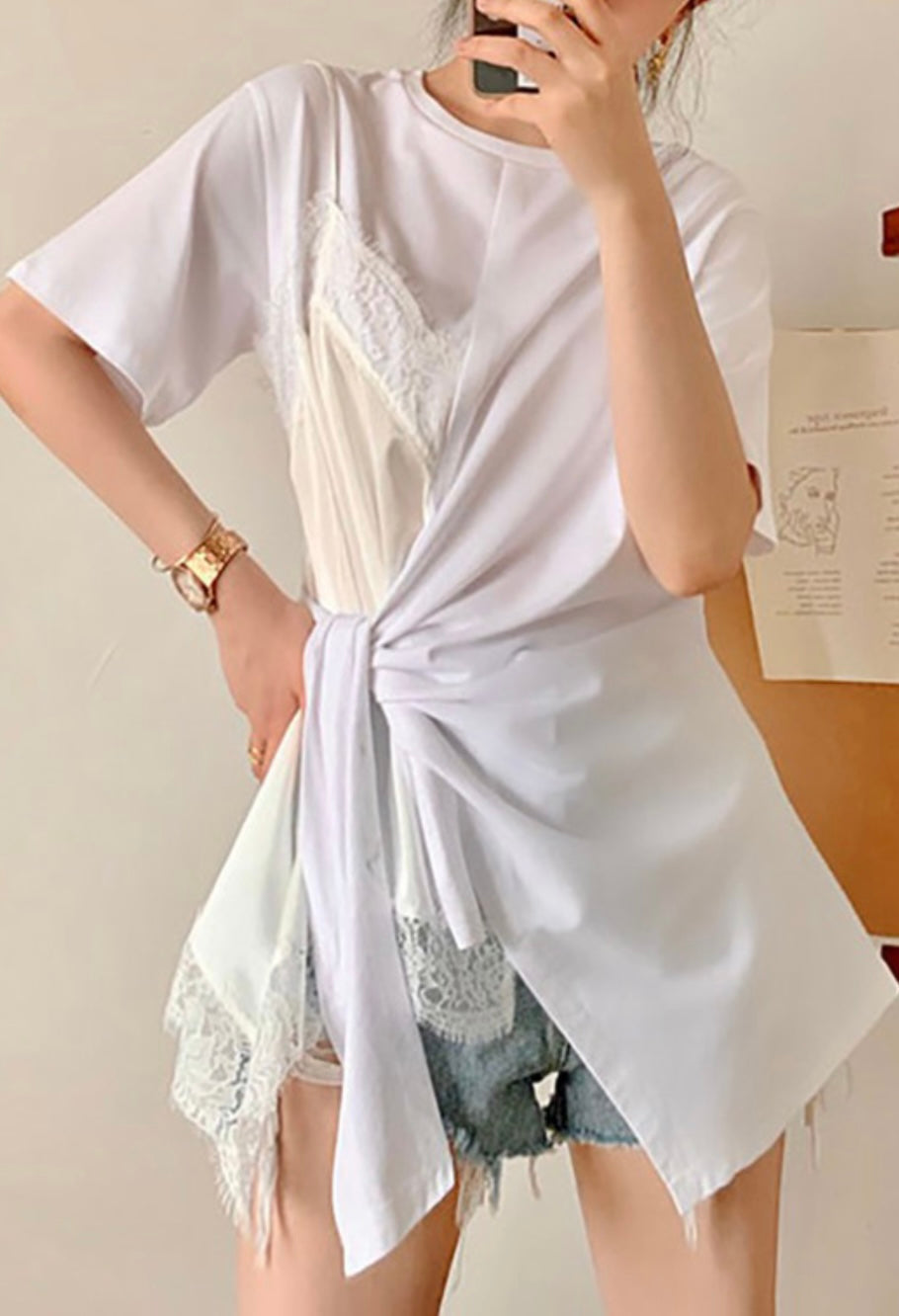 Tie Waist Lace Detail T-Shirt