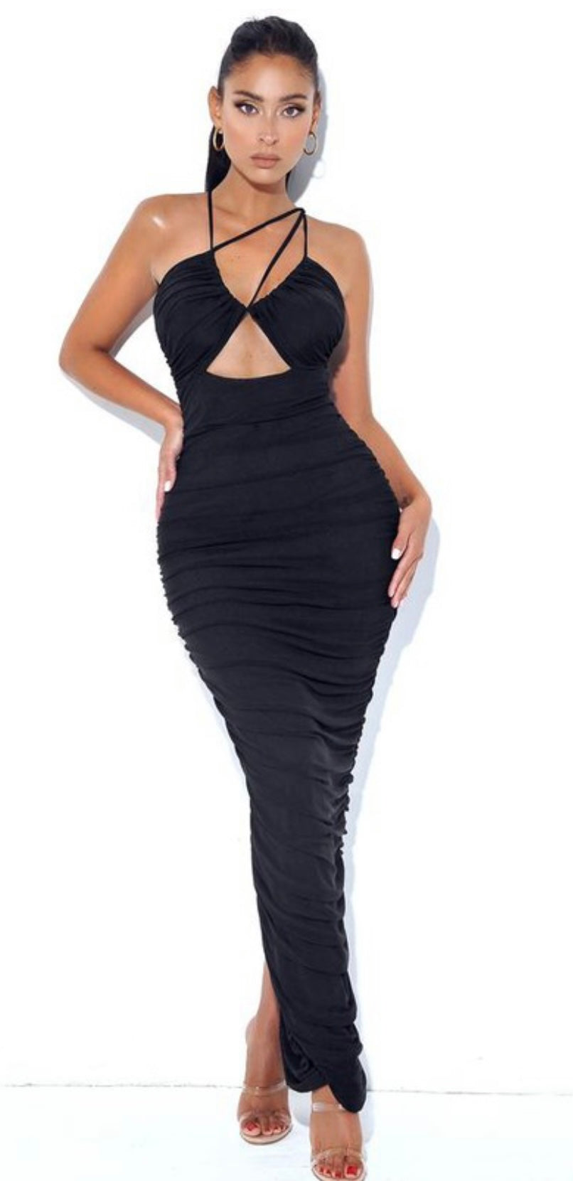 Lace Up Ruched Mesh Dress