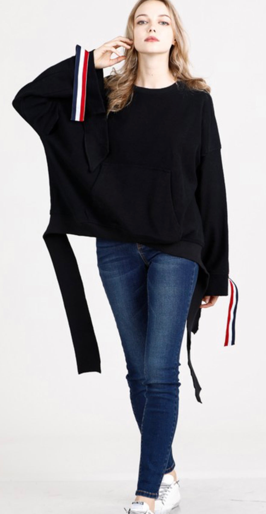 Tie Hem Stripe Sleeve Sweatshirt