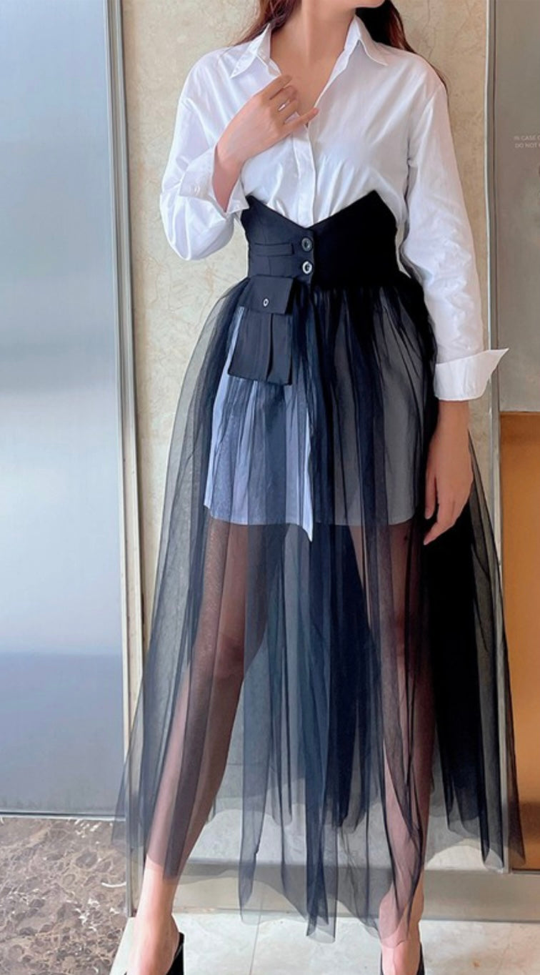 Oversized Button Up Blouse with Attached Mesh Skirt