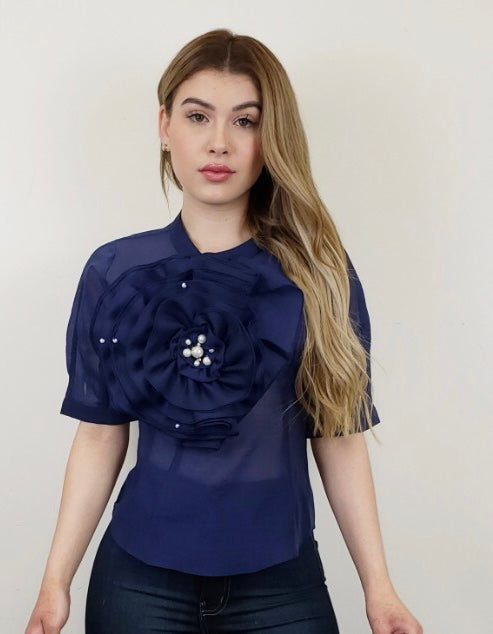 Sheer Flower with Pearls Top
