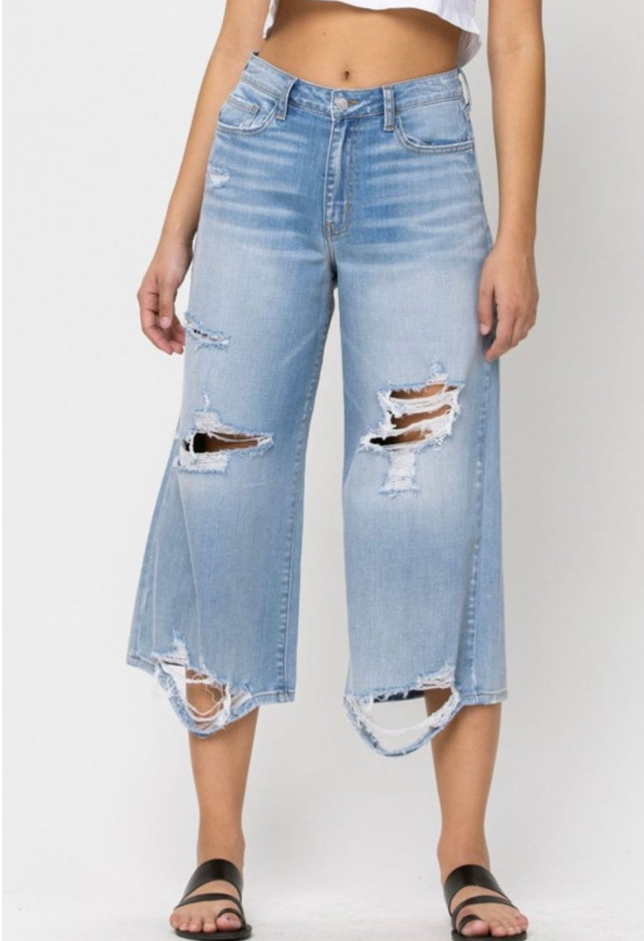 Wide Leg Distressed Cropped Denim
