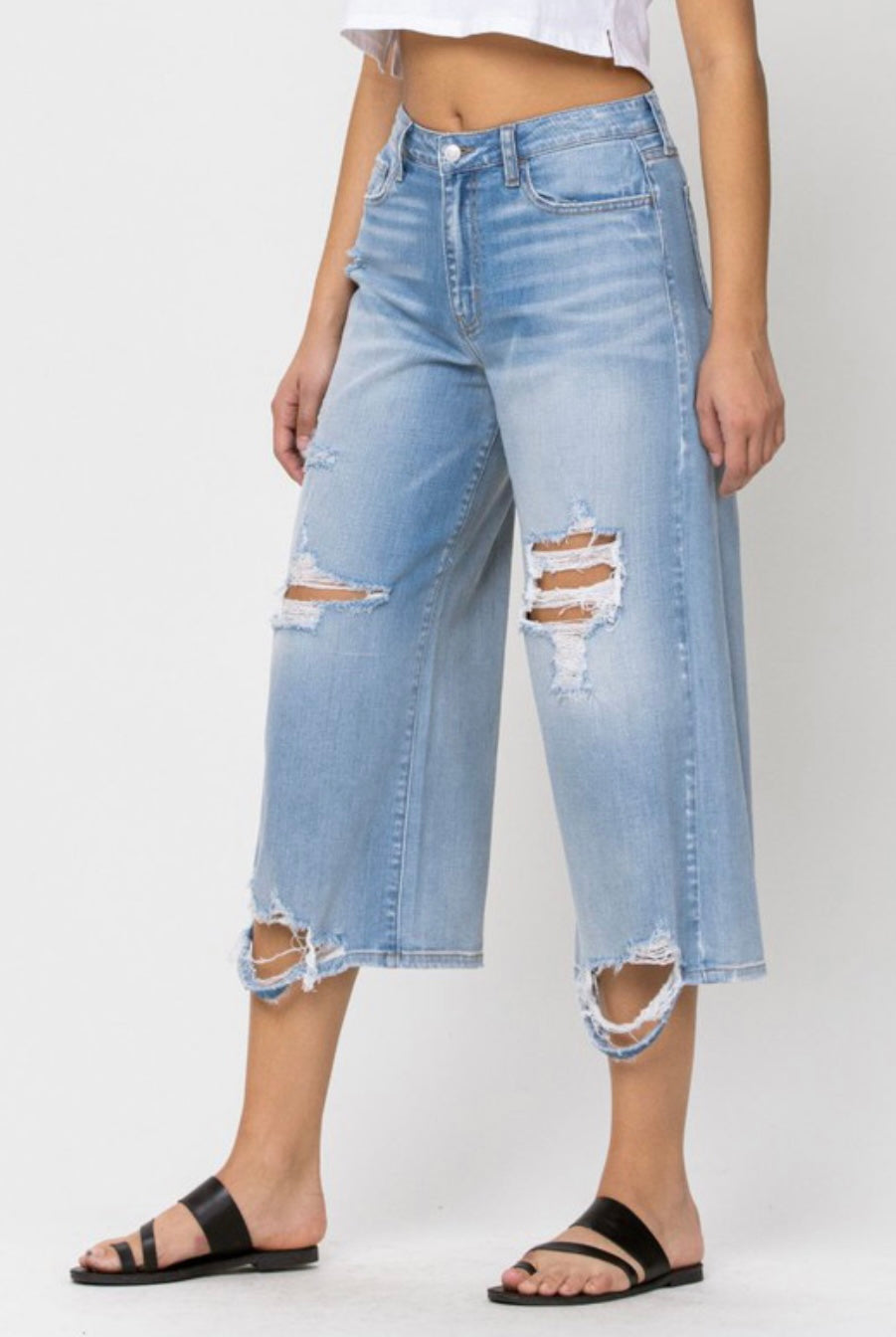 Wide Leg Distressed Cropped Denim