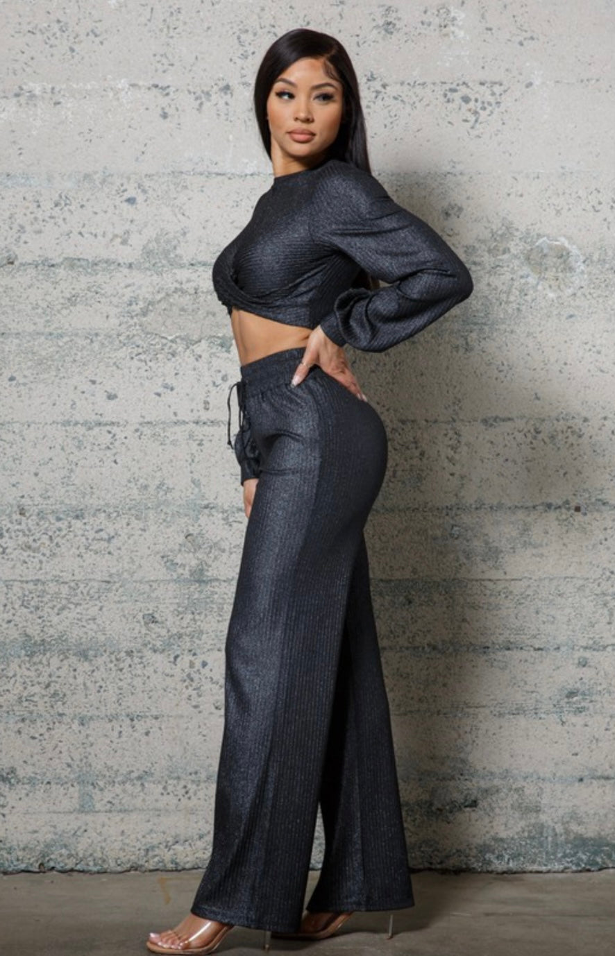 Metallic 2Pc Wide Leg Pants Set