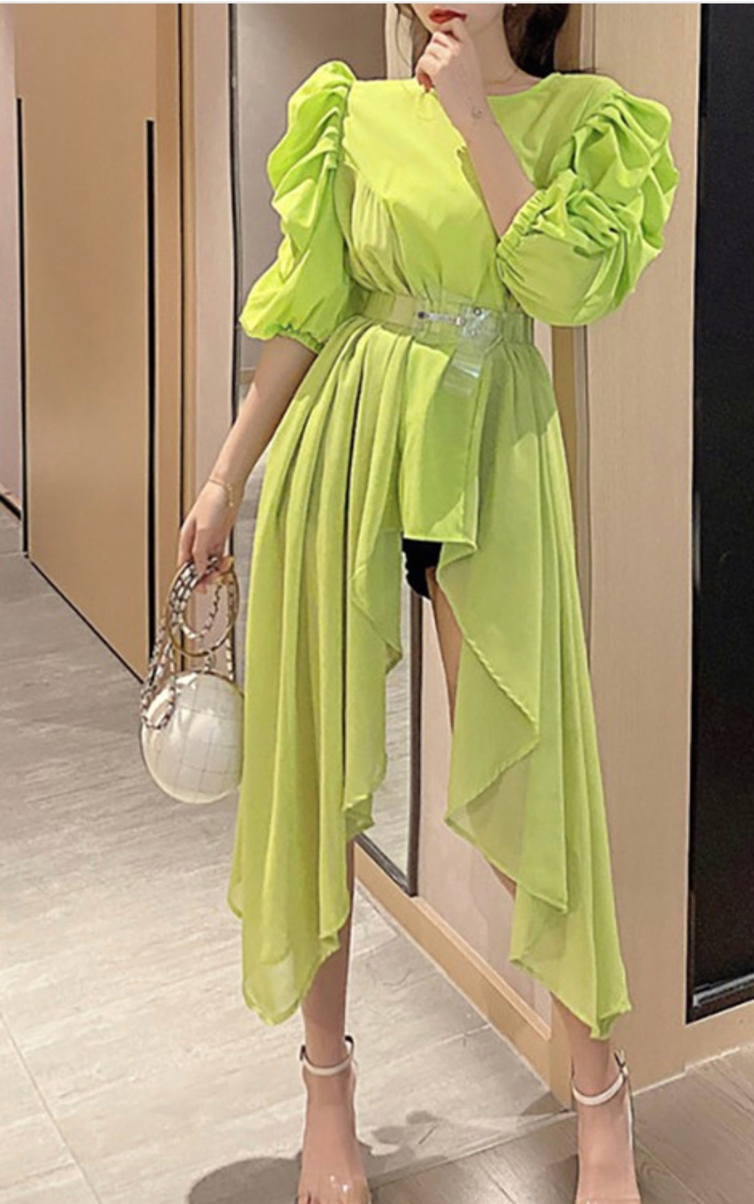 Puff Sleeve Tunic Blouse w/belt