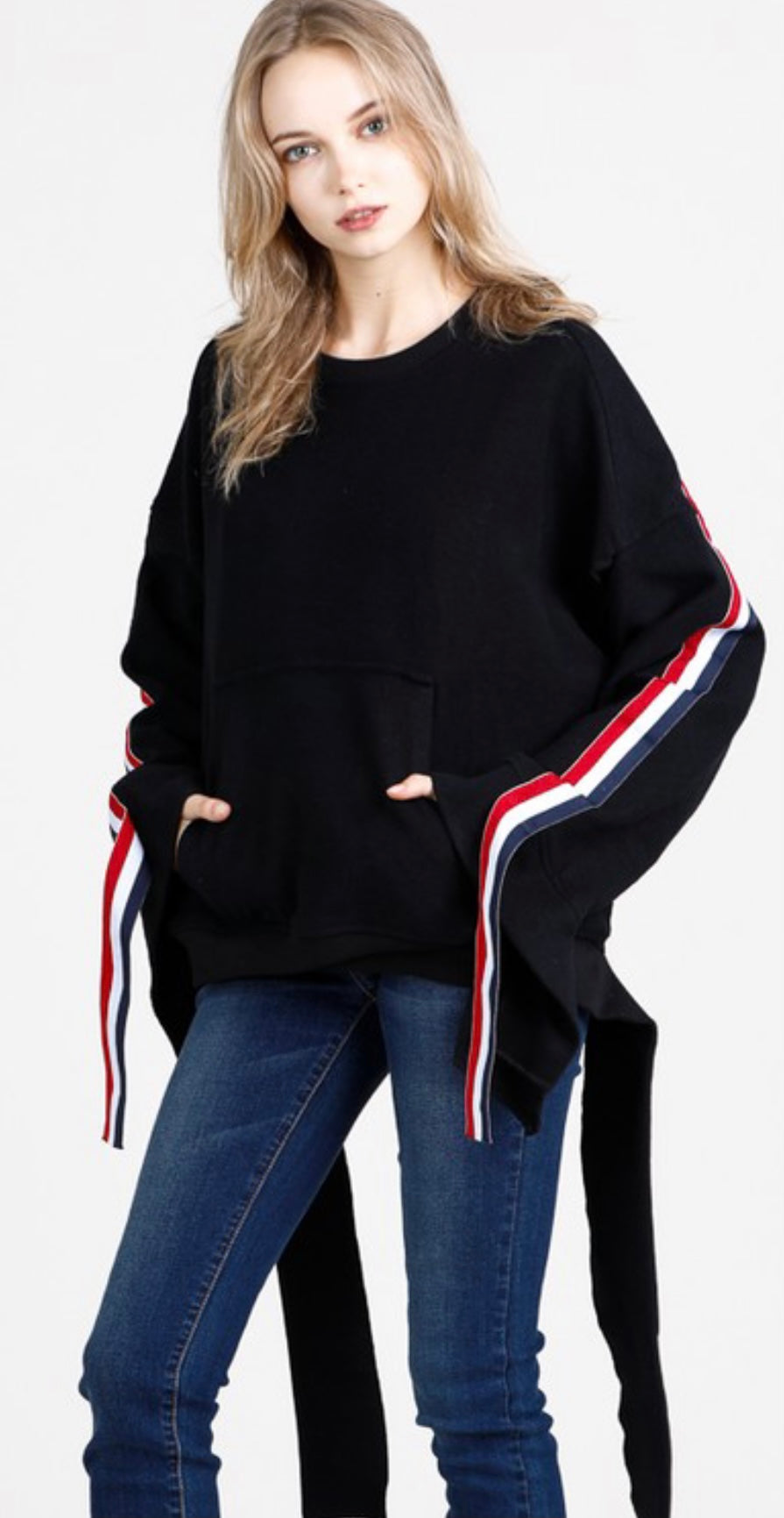 Tie Hem Stripe Sleeve Sweatshirt