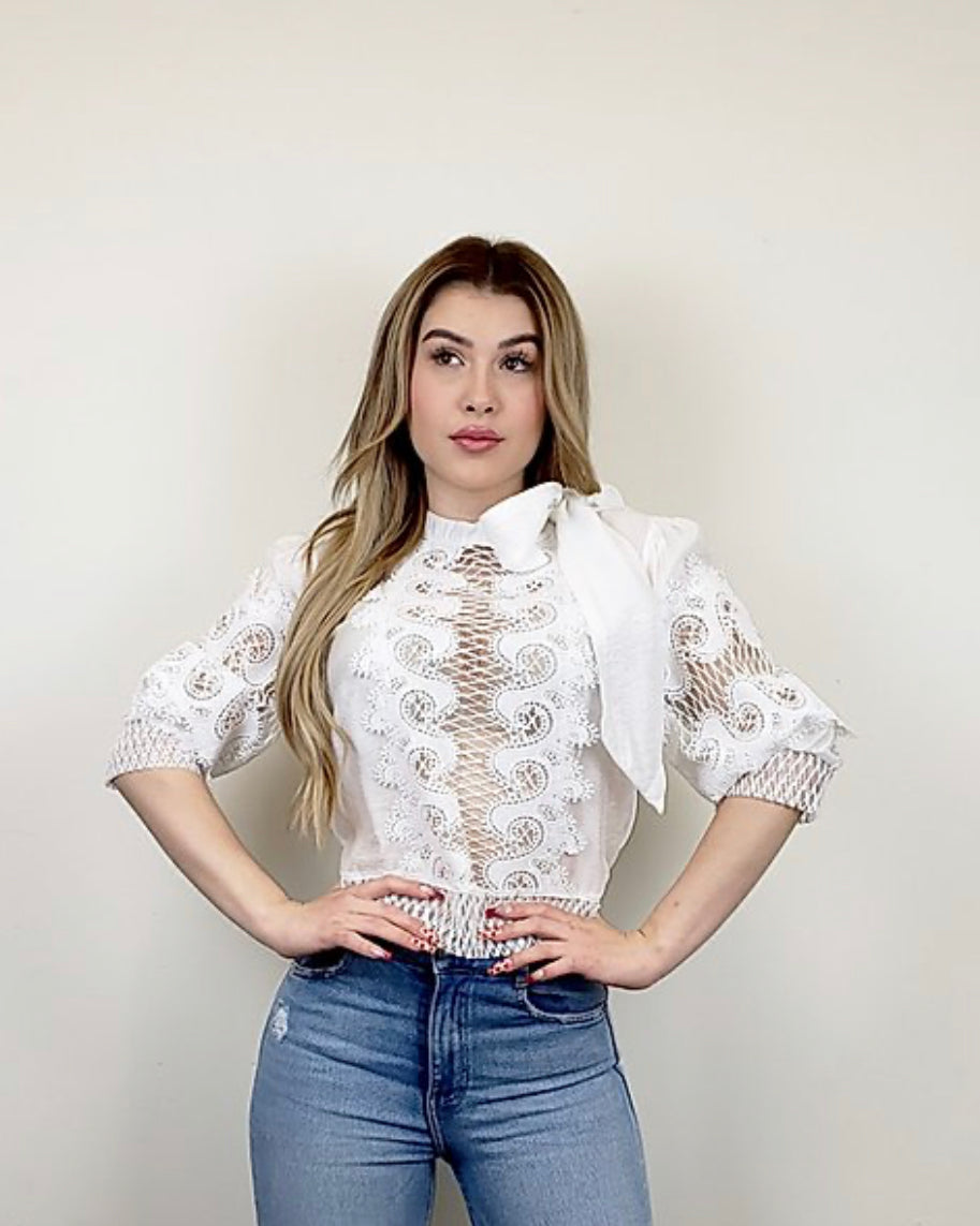 Lace Tie Neck Blouse