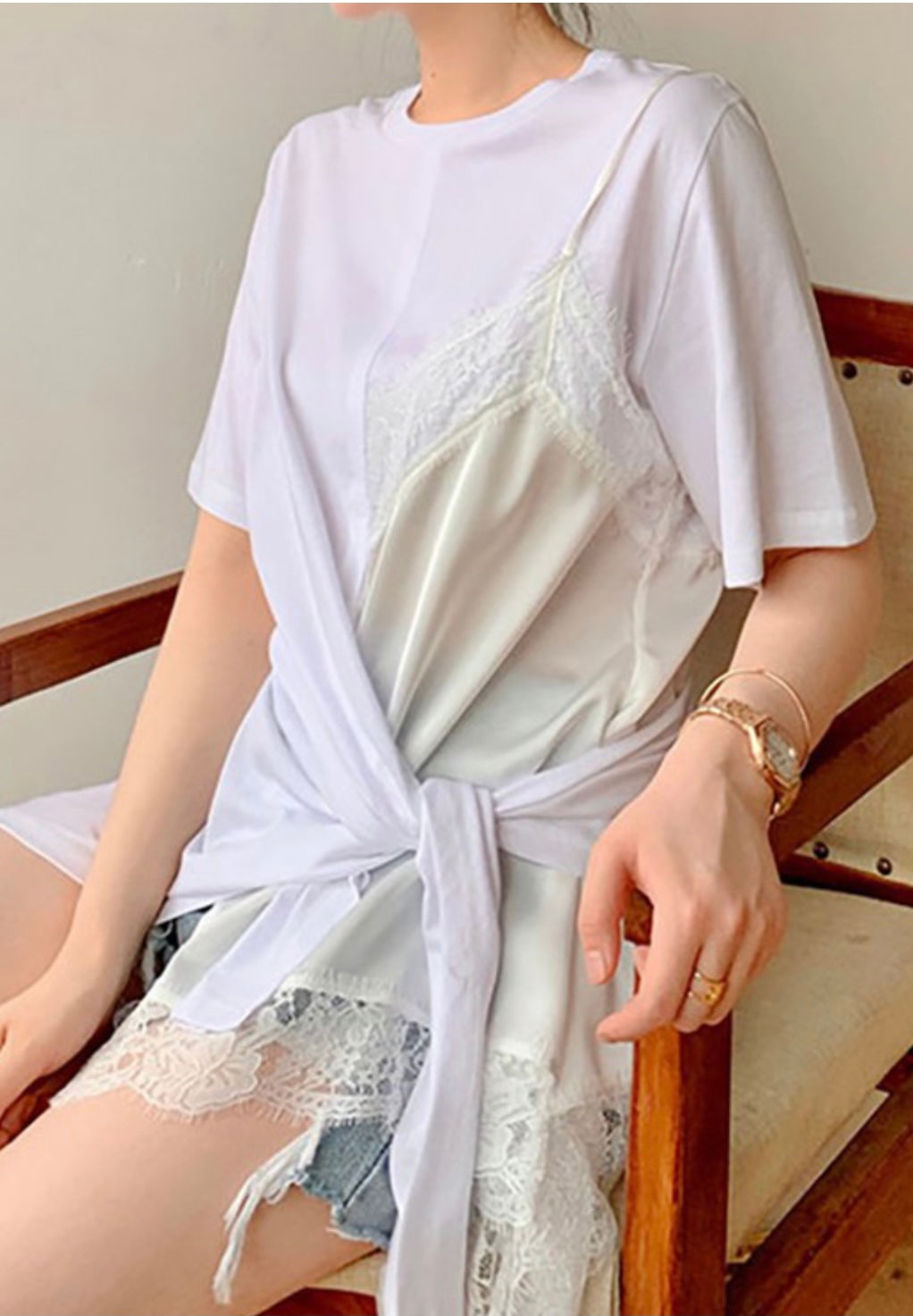 Tie Waist Lace Detail T-Shirt