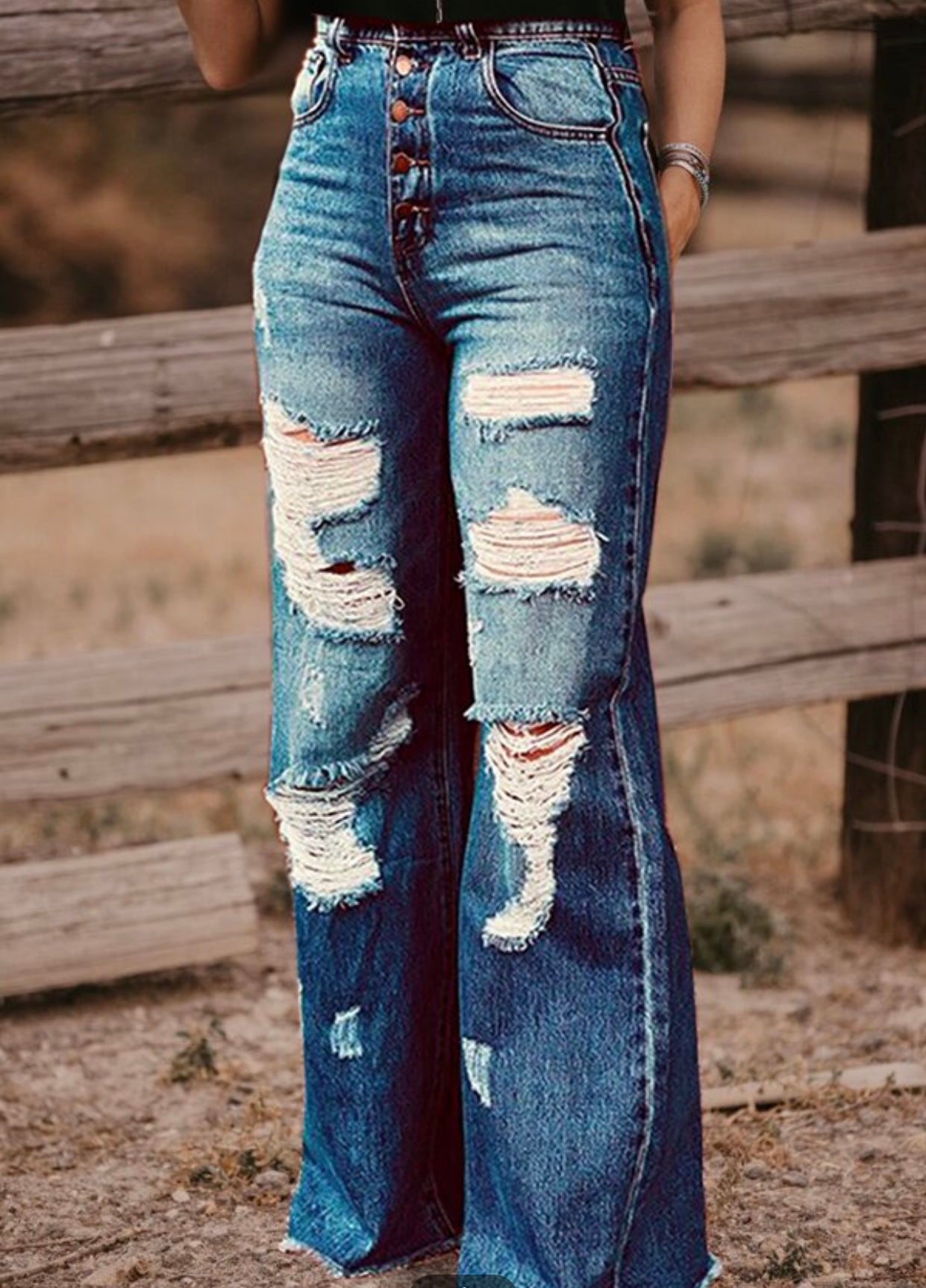 Wide Leg Button Fly Distressed Denim