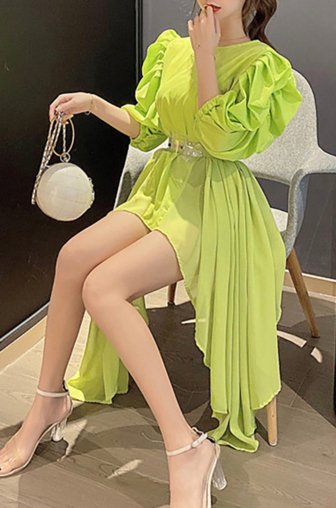 Puff Sleeve Tunic Blouse w/belt