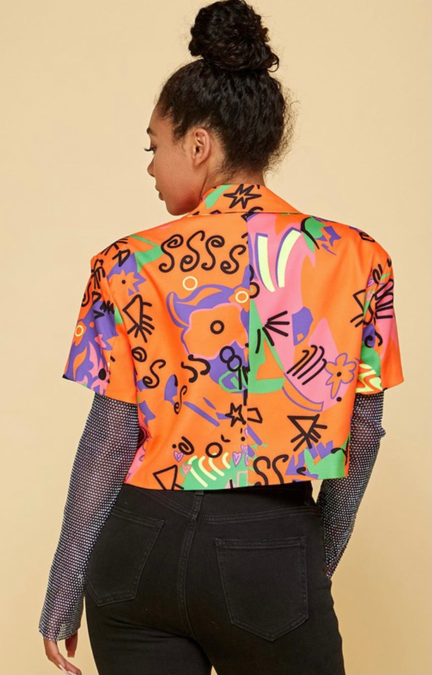 Rhinestone Sleeve Graffiti Top