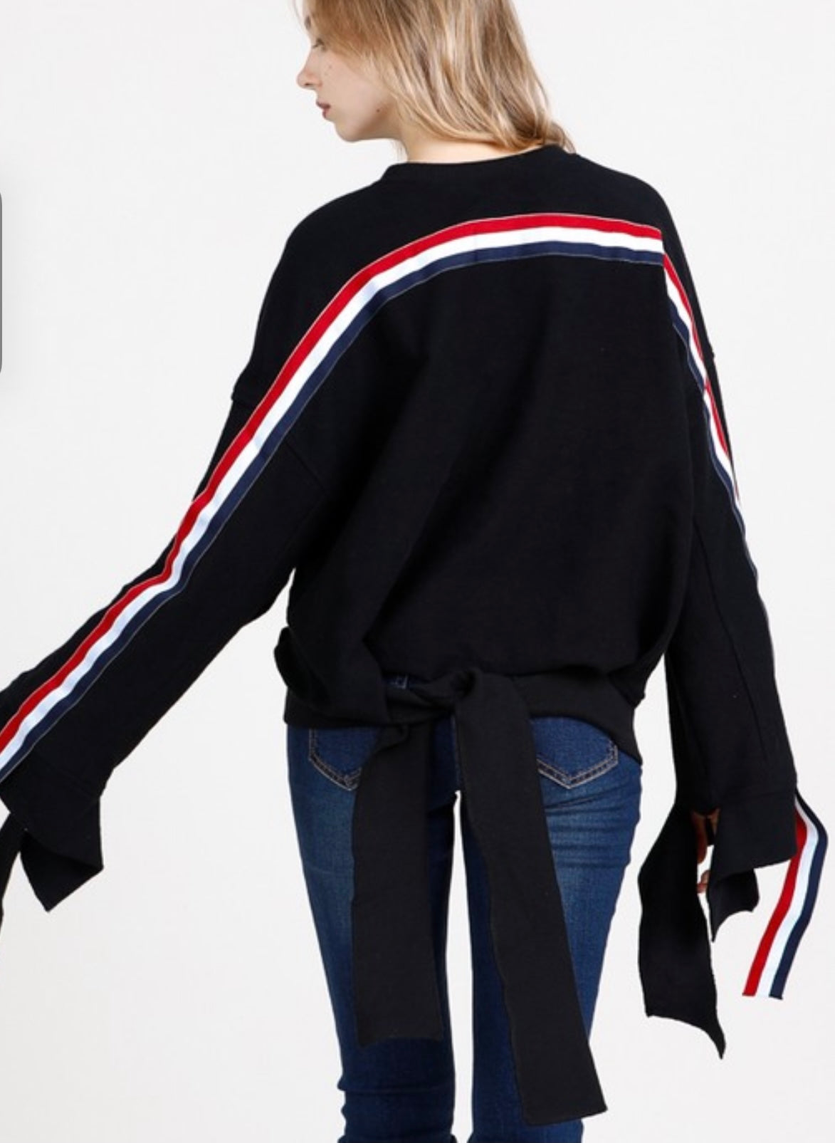 Tie Hem Stripe Sleeve Sweatshirt