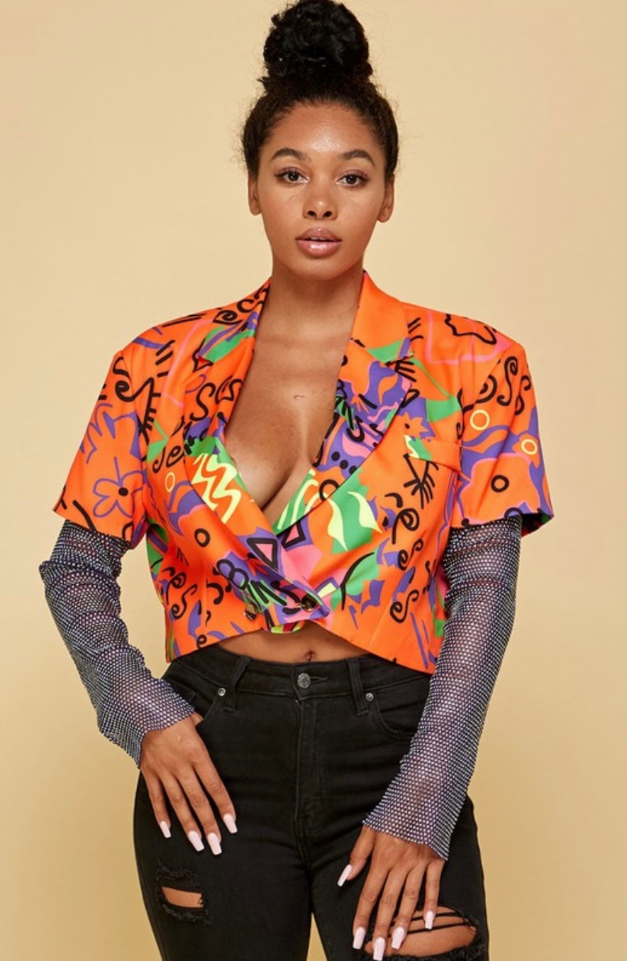 Rhinestone Sleeve Graffiti Top