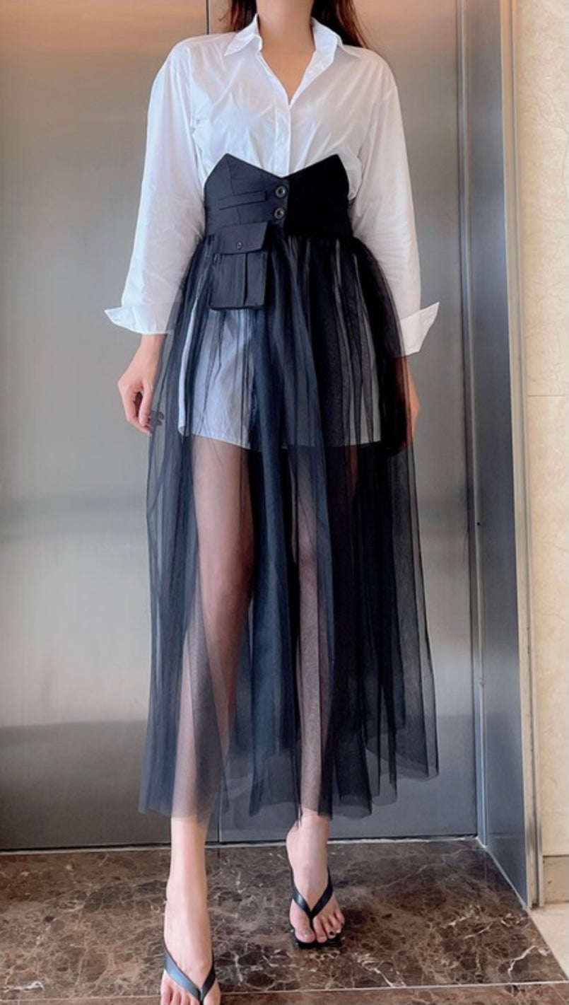 Oversized Button Up Blouse with Attached Mesh Skirt