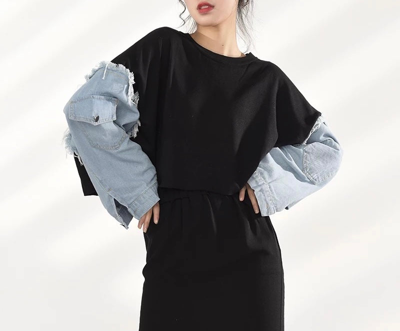 Loose Fit Denim Sleeve Sweatshirt