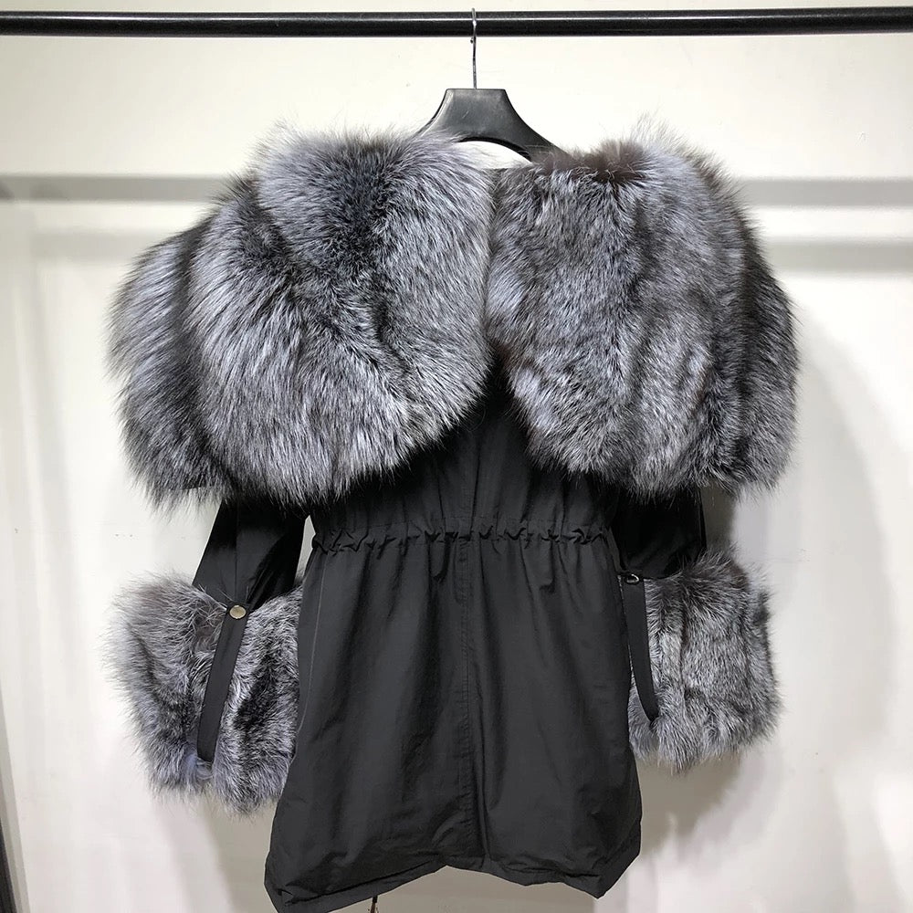 Hooded Parka Coat With Silver Fox Lining