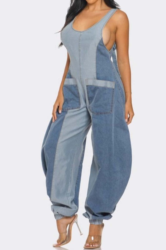 Color Block Denim Romper