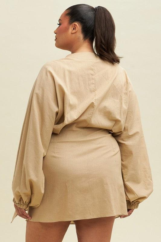 Plus Size Long Sleeve Linen Short Dress