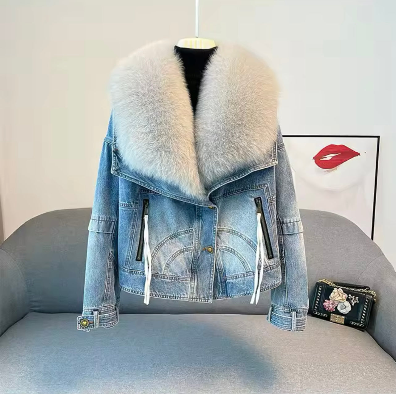 Fox Collar Down Denim Jacket