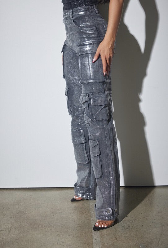 Black Metallic Cargo Denim