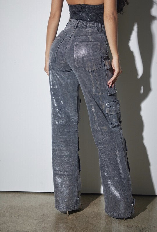 Black Metallic Cargo Denim
