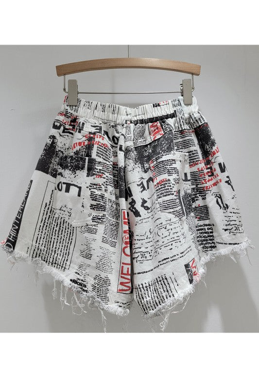 Newspaper Print Denim Shorts