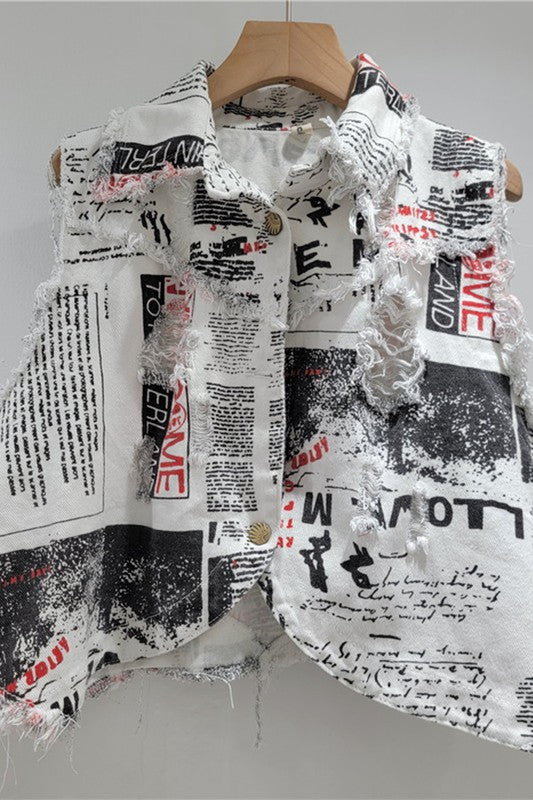 Newspaper Print Denim Crop Top