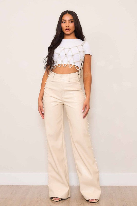 Vegan Leather Pants with Pearl Trim