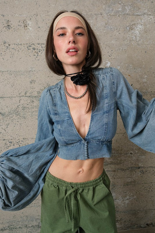Long Sleeve Denim Crop Top