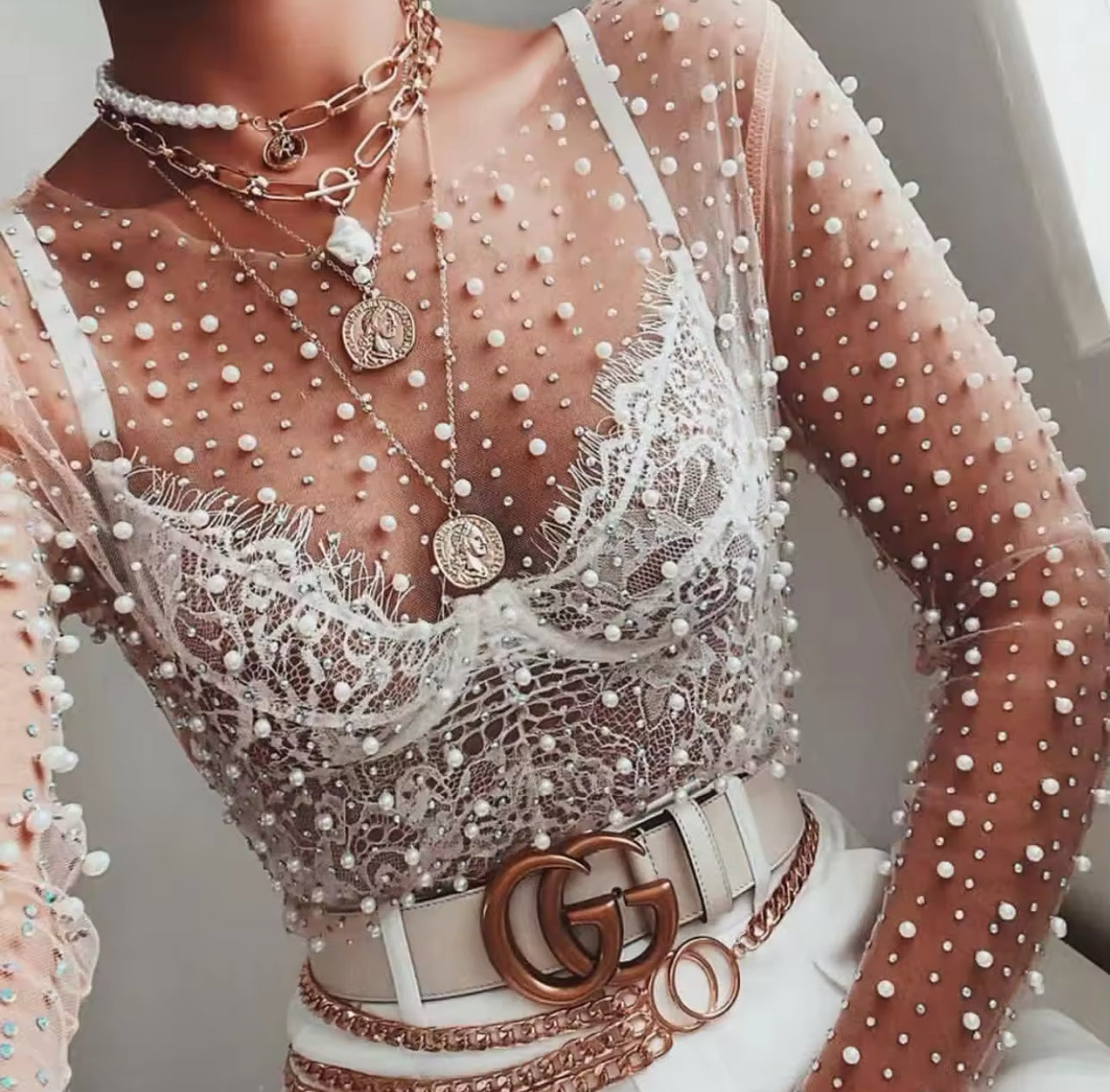 Mesh Pearl Beaded Top