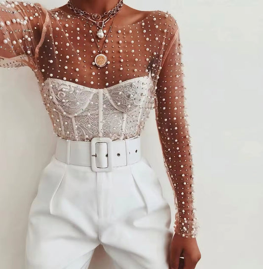 Mesh Pearl Beaded Top