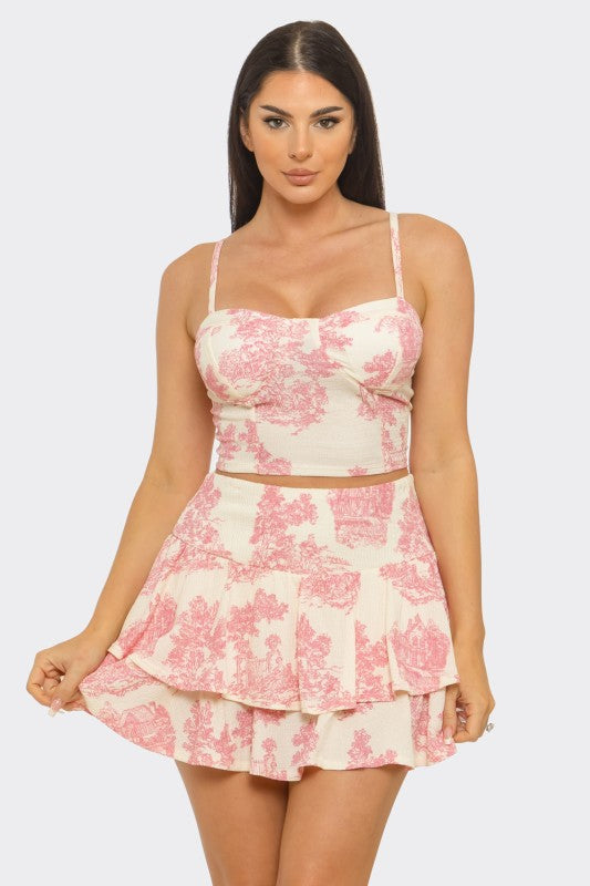 Toile Print Corset Top & Skirt Set