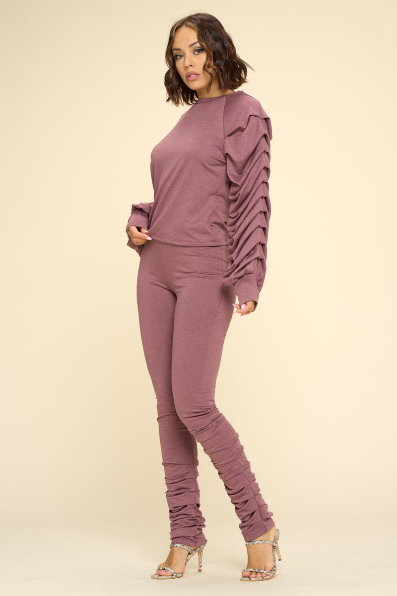 Ruched Sleeve Two Piece Stretch Pants Set