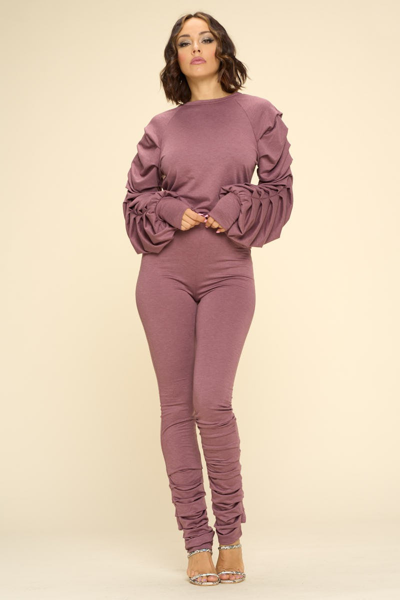 Ruched Sleeve Two Piece Stretch Pants Set