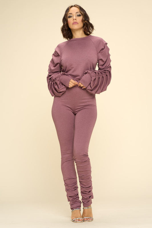 Ruched Sleeve Two Piece Stretch Pants Set