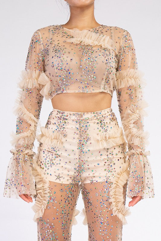 Glitter Ruffle Sheer Mesh Crop Top