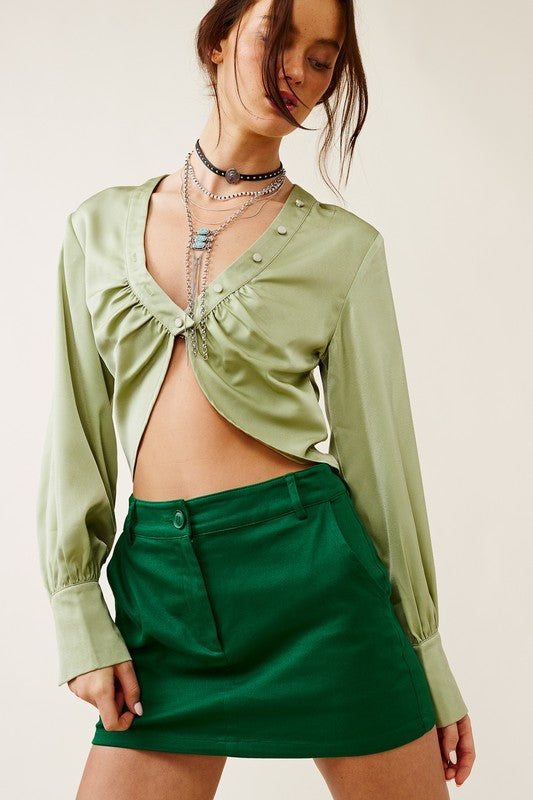 Satin Button Detail Crop Blouse