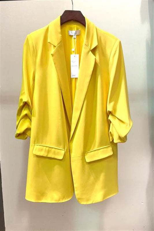 Yellow 3/4 Ruched Sleeve Blazer