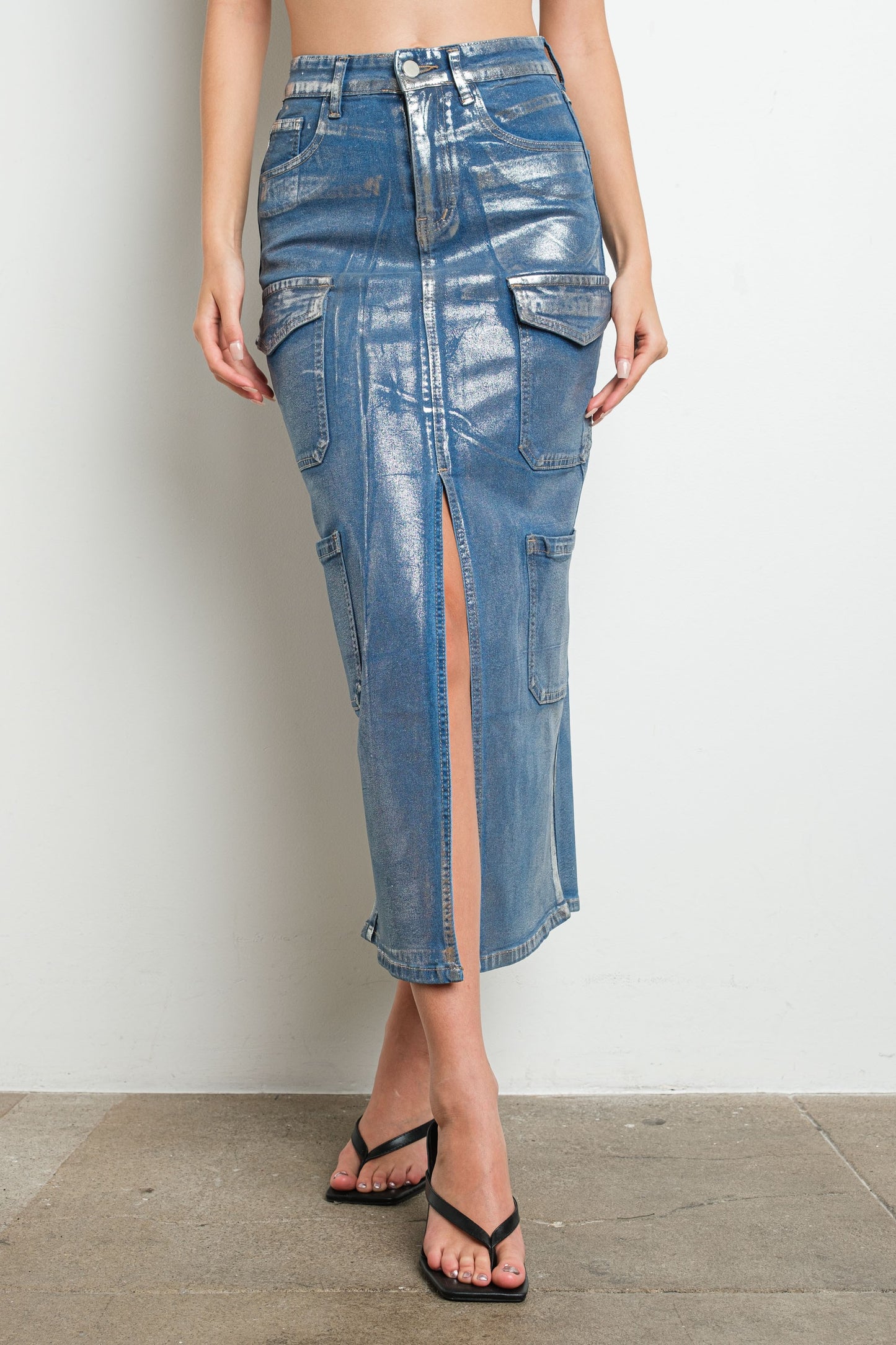 Metallic Cargo Denim Skirt