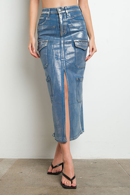 Metallic Cargo Denim Skirt